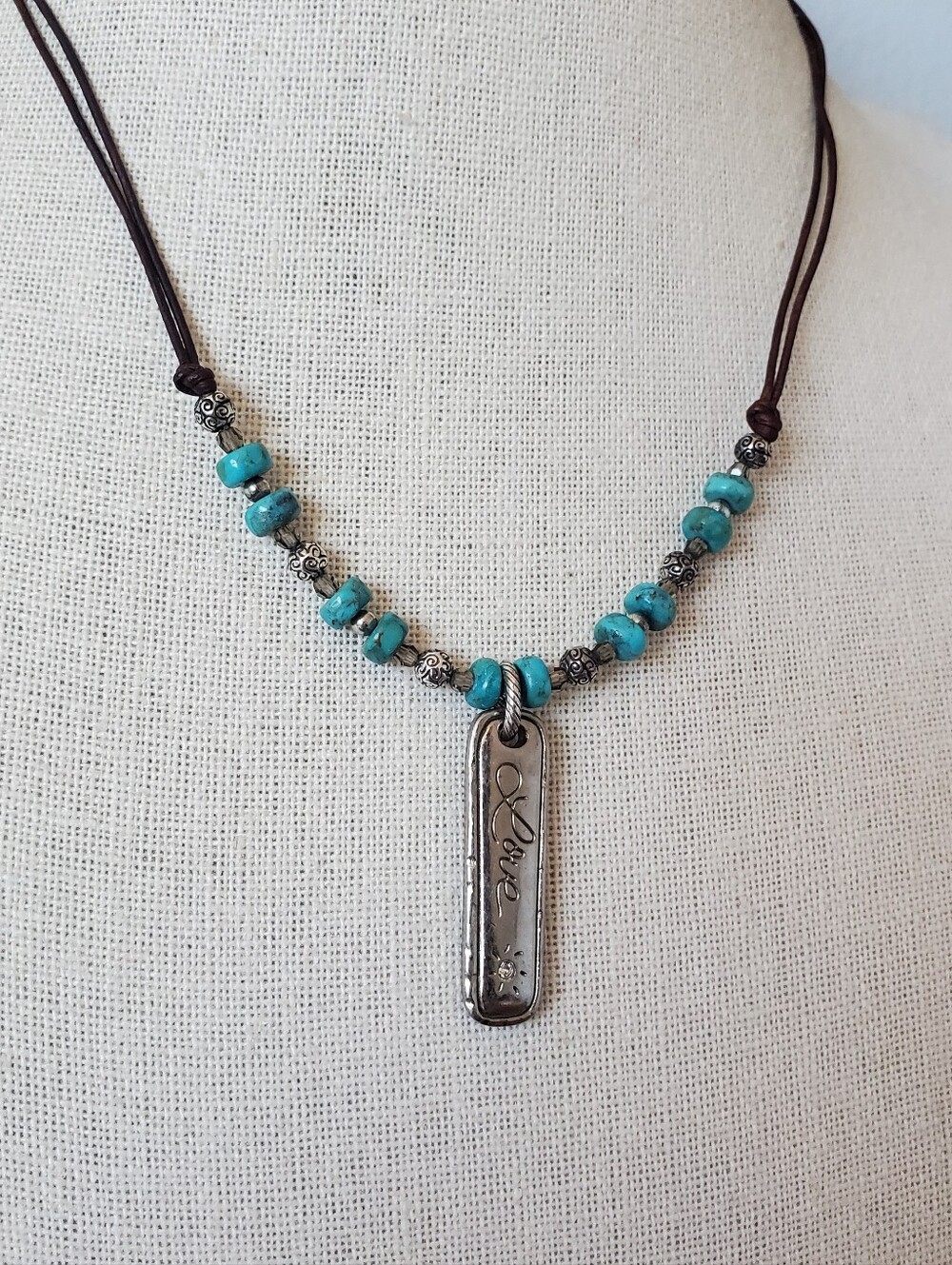 Brighton Brown Leather Turquoise Bead Love Pendant Necklace